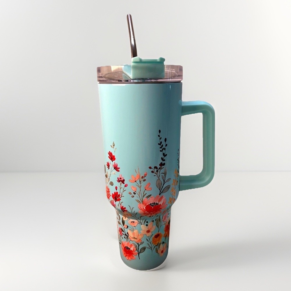 SIESTA Floral Insulated Tumbler 40oz Light Blue Wildflower Travel Mug with Straw